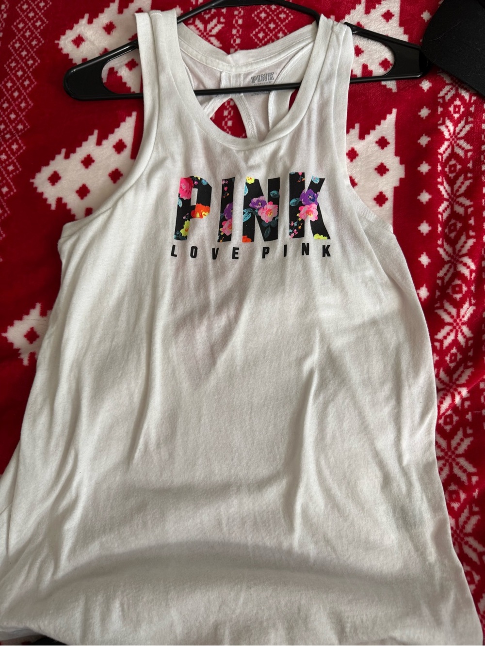 PINK Victoria's Secret White Floral Logo Tank Top